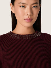 Women's crew-neck sweater in burgundy wool with rhinestone embroidery