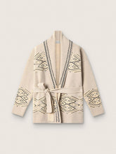 Women's belted cardigan in beige wool blend with contrast embroidery