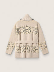 Women's belted cardigan in beige wool blend with contrast embroidery