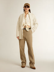 Women's cream-colored cotton cardigan with floral embroidery