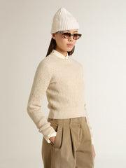Cropped round-neck sweater in beige wool with all-over crystals