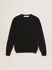 Women’s round-neck sweater in dark blue cotton with logo on the back