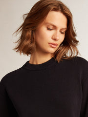 Women’s round-neck sweater in dark blue cotton with logo on the back