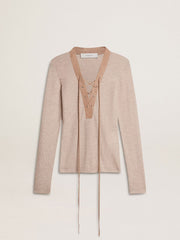 Beige wool sweater with leather details