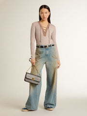 Beige wool sweater with leather details
