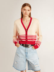 Women's cardigan in cream with red stripes