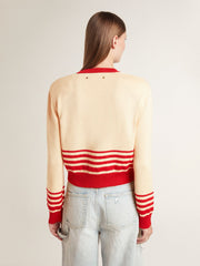 Women's cardigan in cream with red stripes