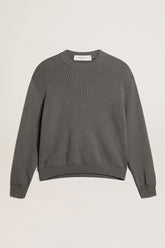 Women's round-neck sweater in dark gray cotton with logo on the back