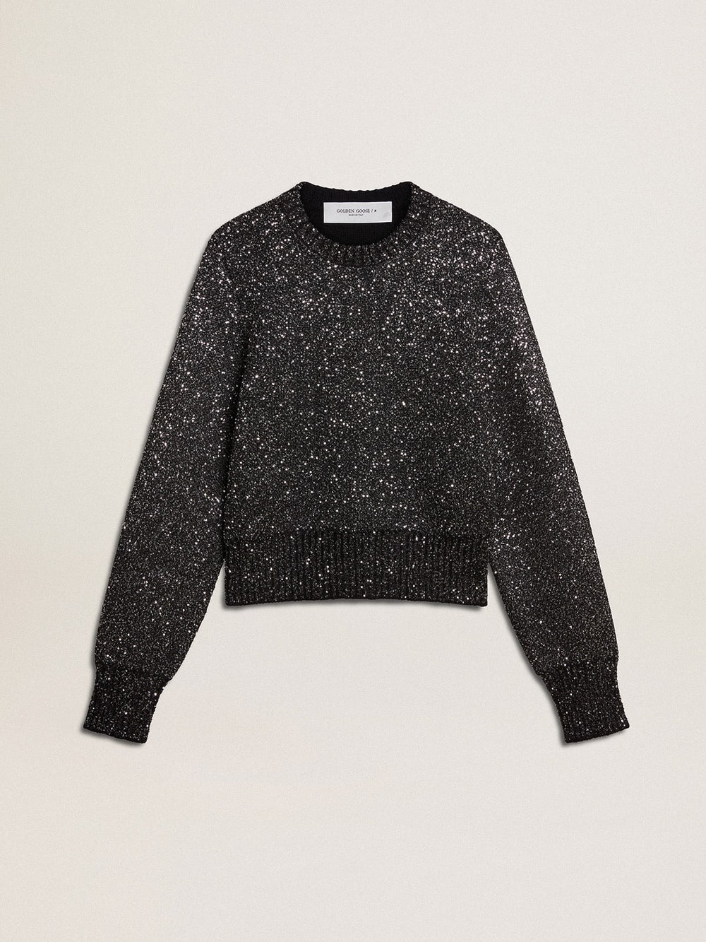 Women's black wool blend cropped sweater with all-over sequins
