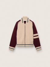 Unisex bomber jacket in white and burgundy jacquard knit
