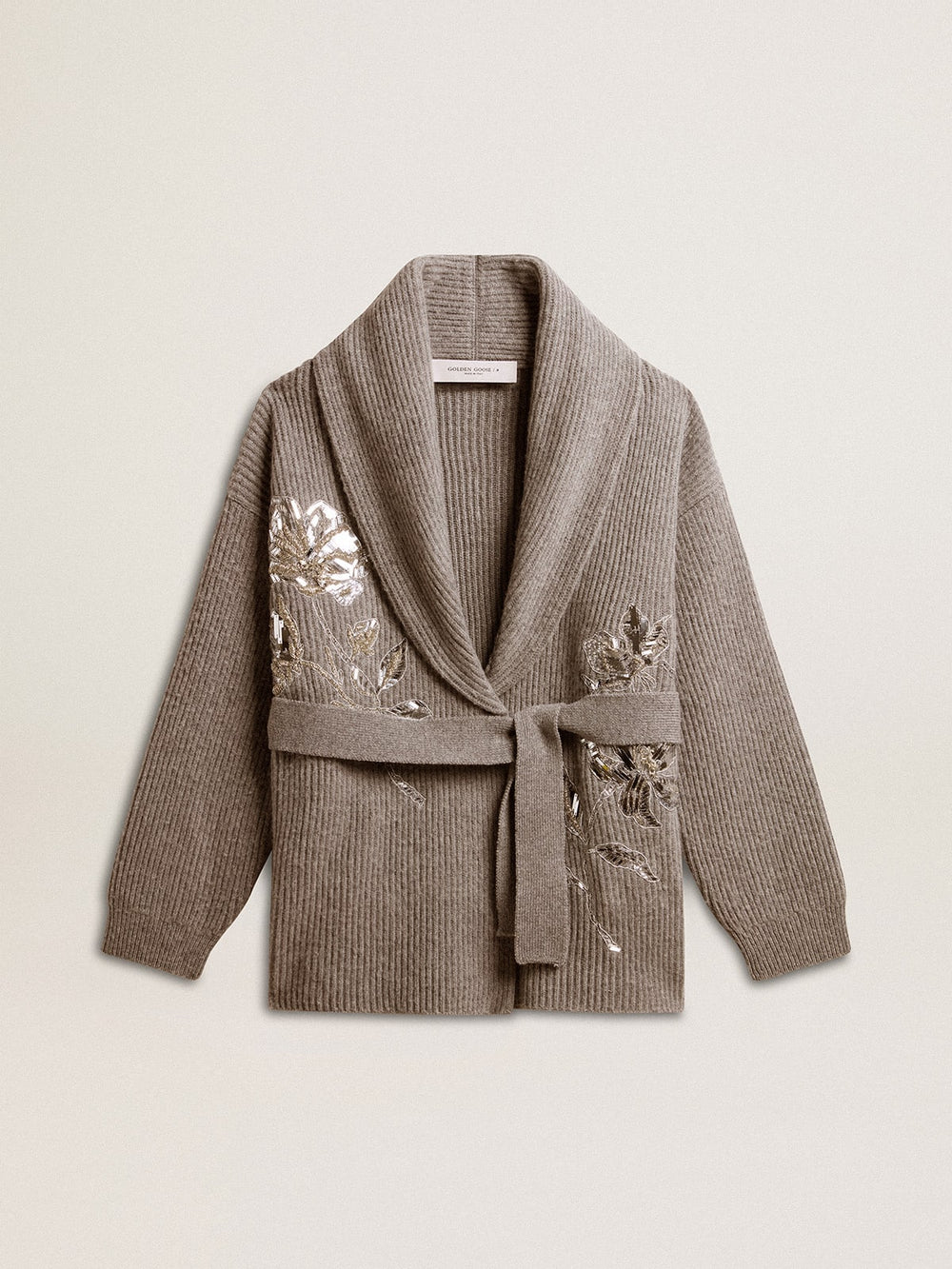 Women's cardigan in gray melange wool with embroidery on the front
