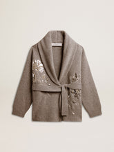 Women's cardigan in gray melange wool with embroidery on the front