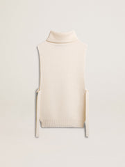 Unisex white high-neck sleeveless sweater in ribbed wool