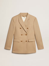 Women’s double-breasted blazer in sand with gold heraldic buttons