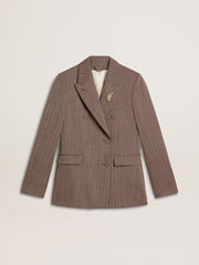 Women's double-breasted blazer in beige chevron wool blend