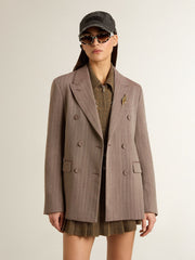 Women's double-breasted blazer in beige chevron wool blend