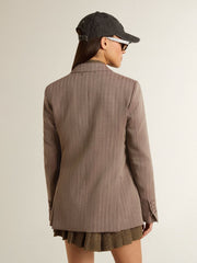 Women's double-breasted blazer in beige chevron wool blend