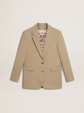 Women's beige pinstripe single-breasted jacket with an oversized fit