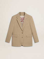 Women's beige pinstripe single-breasted jacket with an oversized fit