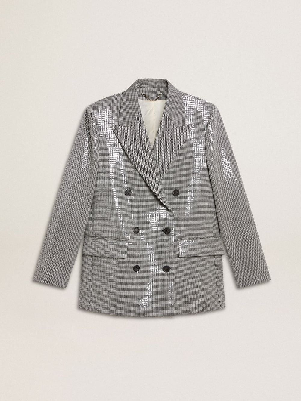 Double-breasted wool boyfriend jacket in micro houndstooth and sequins