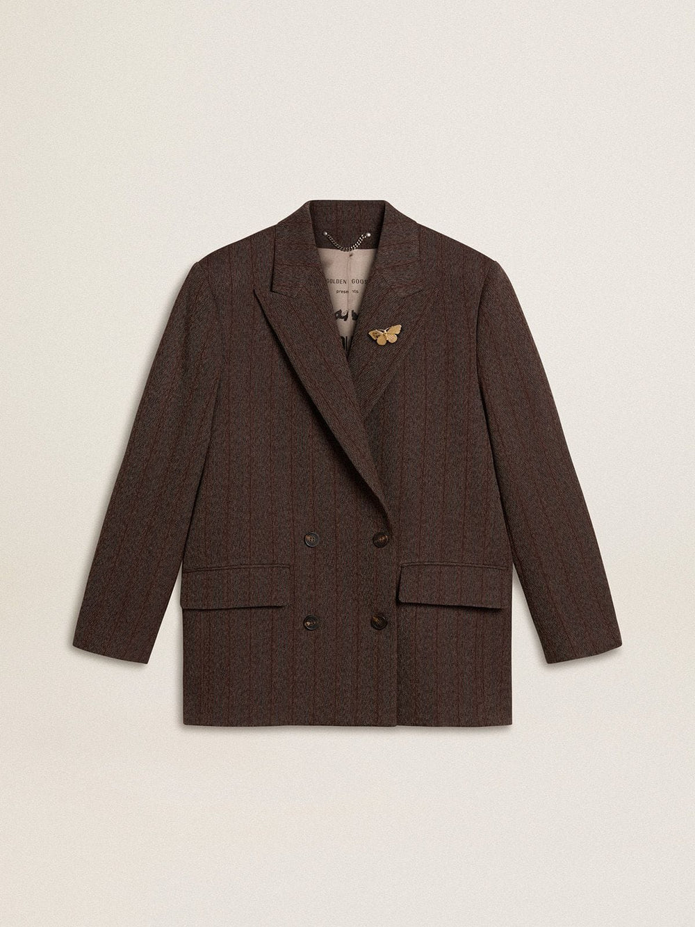 Women's double-breasted blazer in dark brown wool with thin stripe pattern