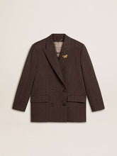 Women's double-breasted blazer in dark brown wool with thin stripe pattern
