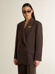 Women's double-breasted blazer in dark brown wool with thin stripe pattern