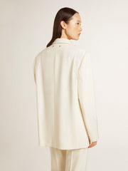 Single-breasted oversize jacket in white with silk effect and embroidery
