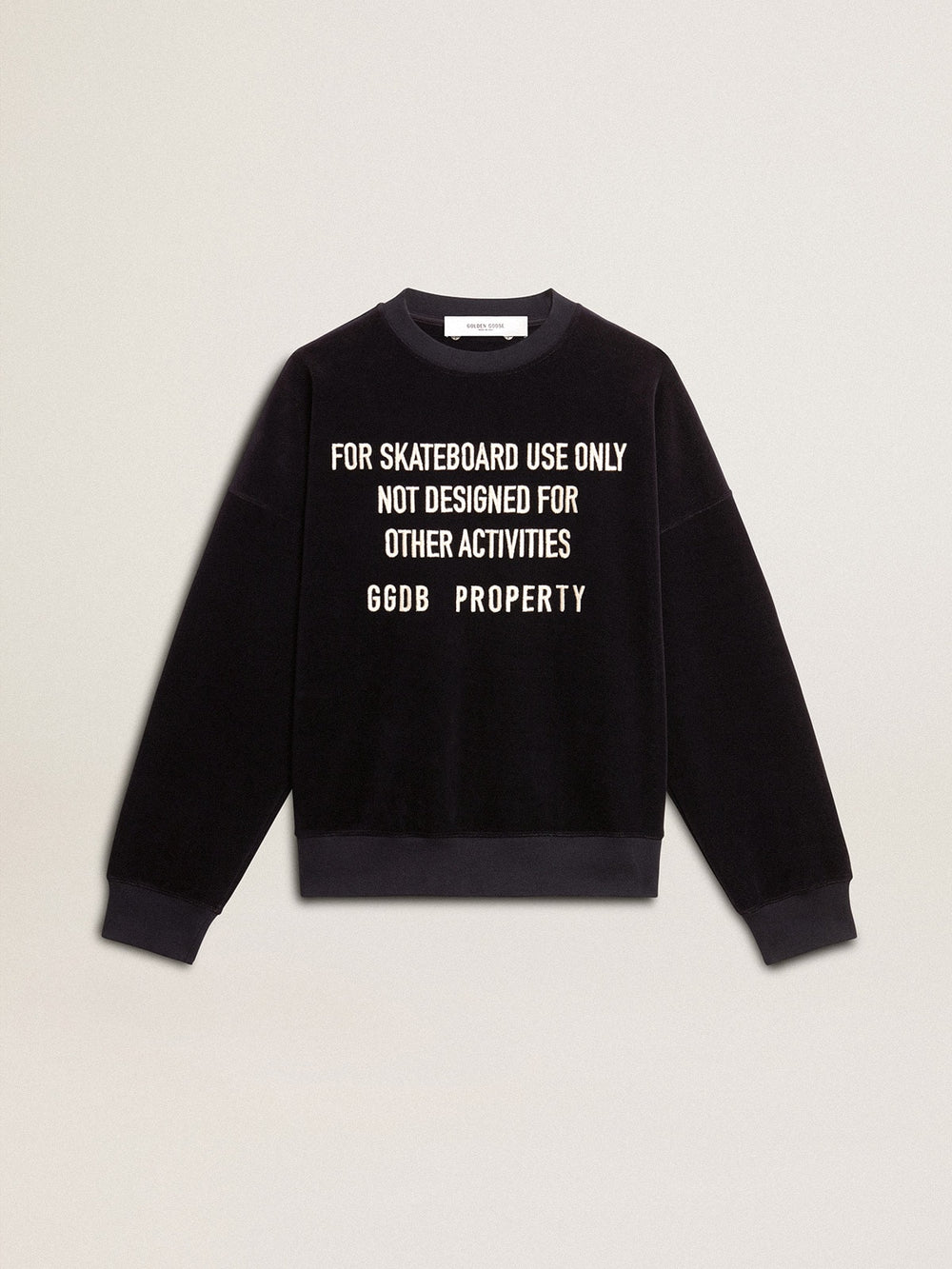 Black crew neck sweatshirt with embroidered lettering