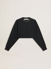 Women's cropped cotton sweatshirt with crystals on the front