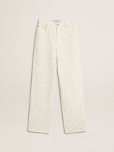 Women's white denim pants with beading and crystals