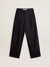Women’s dark blue tailored trousers with vertical stripe