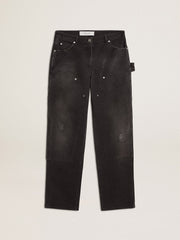 Women's distressed black cotton jeans with front patches