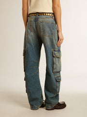 Blue jeans with a distressed finish