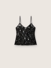 Women's top in black tulle with floral pattern in black sequins
