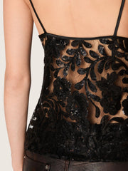 Women's top in black tulle with floral pattern in black sequins