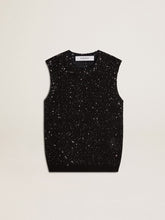 Black mesh knit top with sequins and contrasting details