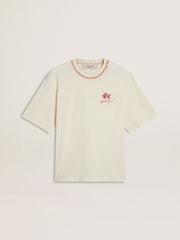 CNY worn-white sleeveless T-shirt with red embroidery