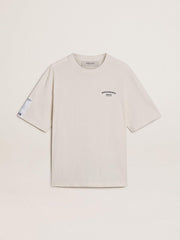 White unisex T-shirt with Mediterranean print and Pescheria Golden patch on the sleeve