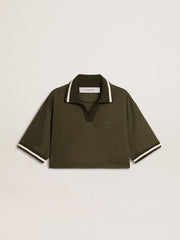 Women's cropped polo in military-green jersey with embroidery