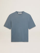 Unisex cotton T-shirt in baby blue with reverse print on the back