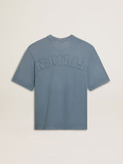 Unisex cotton T-shirt in baby blue with reverse print on the back