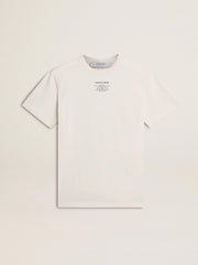 Women's worn-white cotton T-shirt with black lettering
