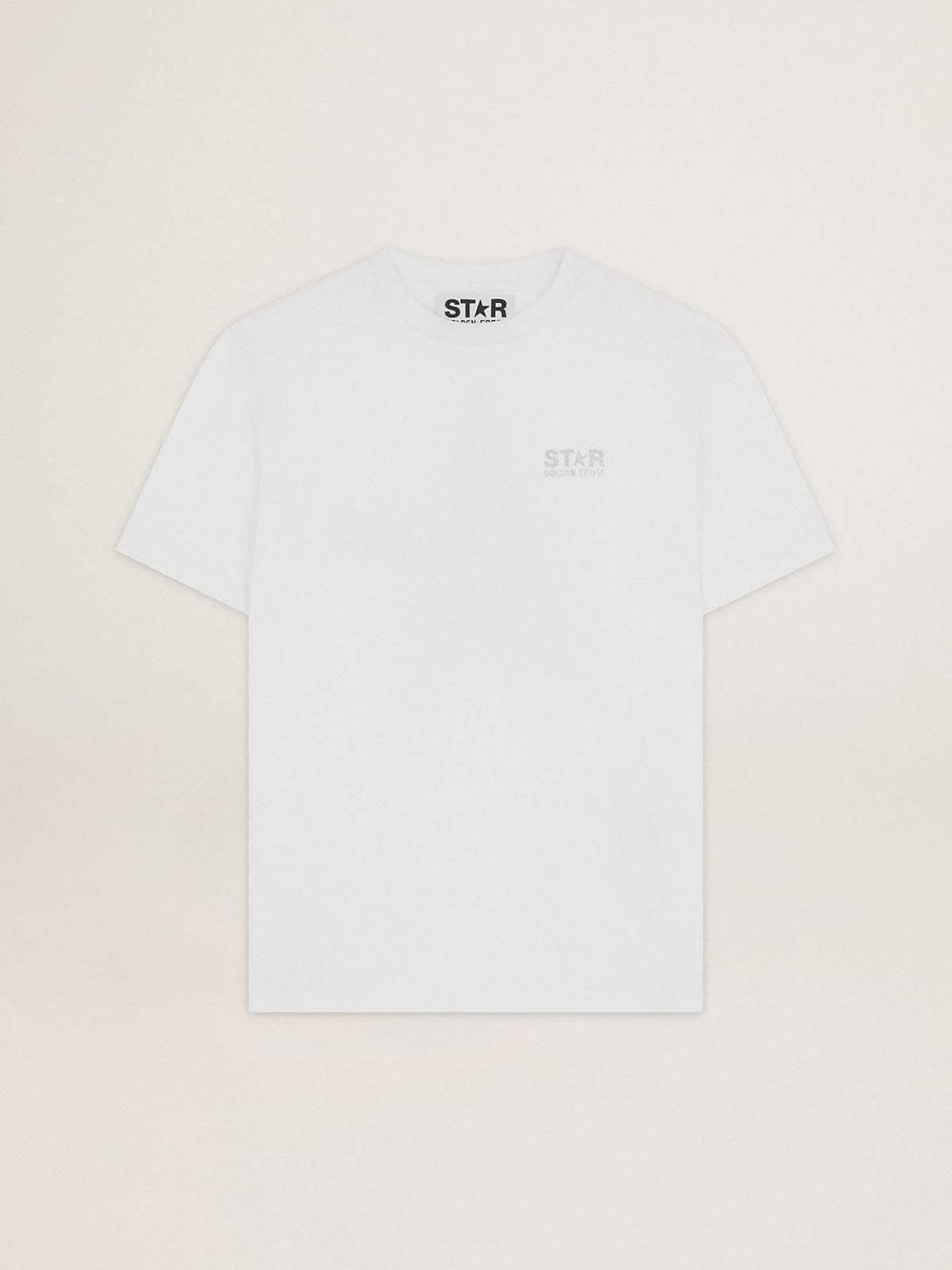 Women's white T-shirt with silver glitter logo and star