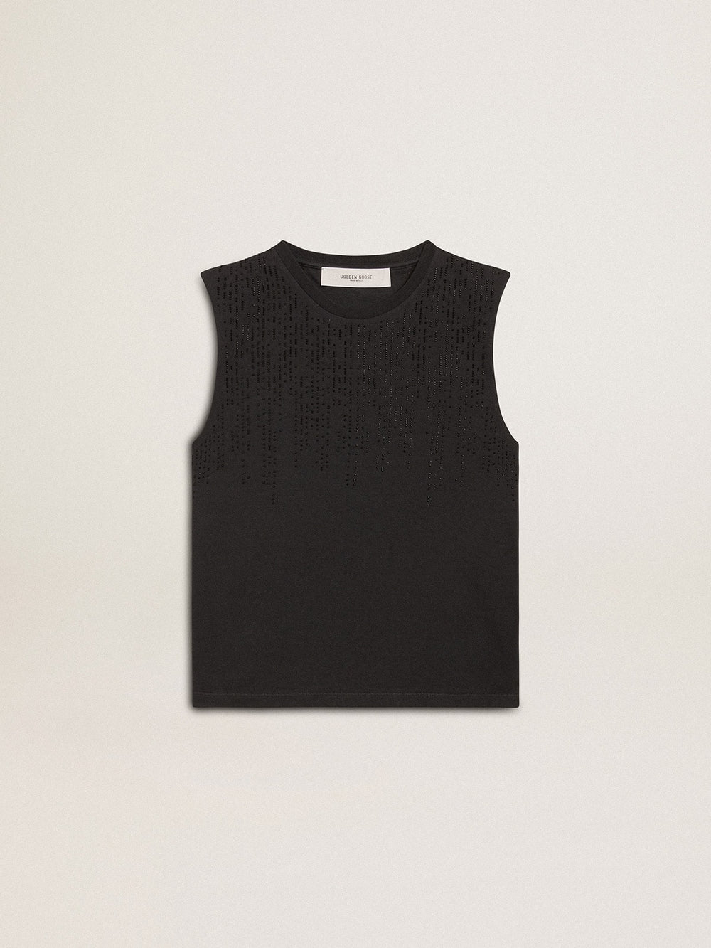 Sleeveless T-shirt in worn-black with tone-on-tone gradient embroidery