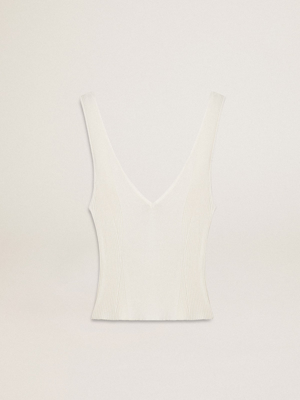 Sleeveless top embroidered with worn-white ribbing