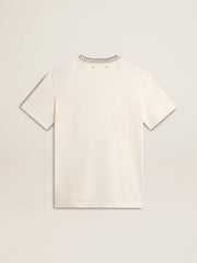 Women's aged white cotton T-shirt with hand embroidery