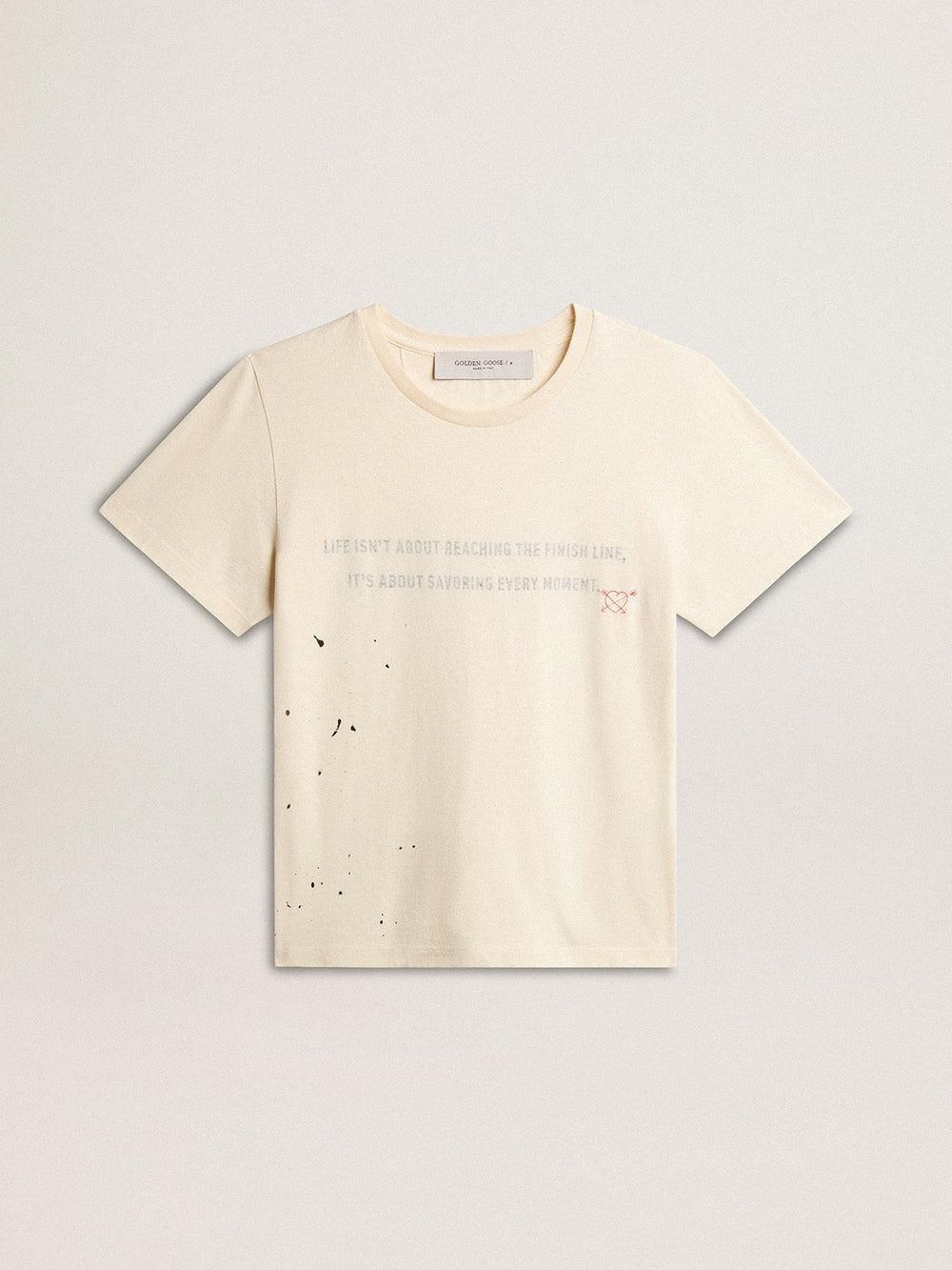 Women's aged white cotton T-shirt with print and embroidery