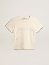 Women's aged white cotton T-shirt with print and embroidery
