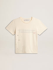 Women's aged white cotton T-shirt with print and embroidery